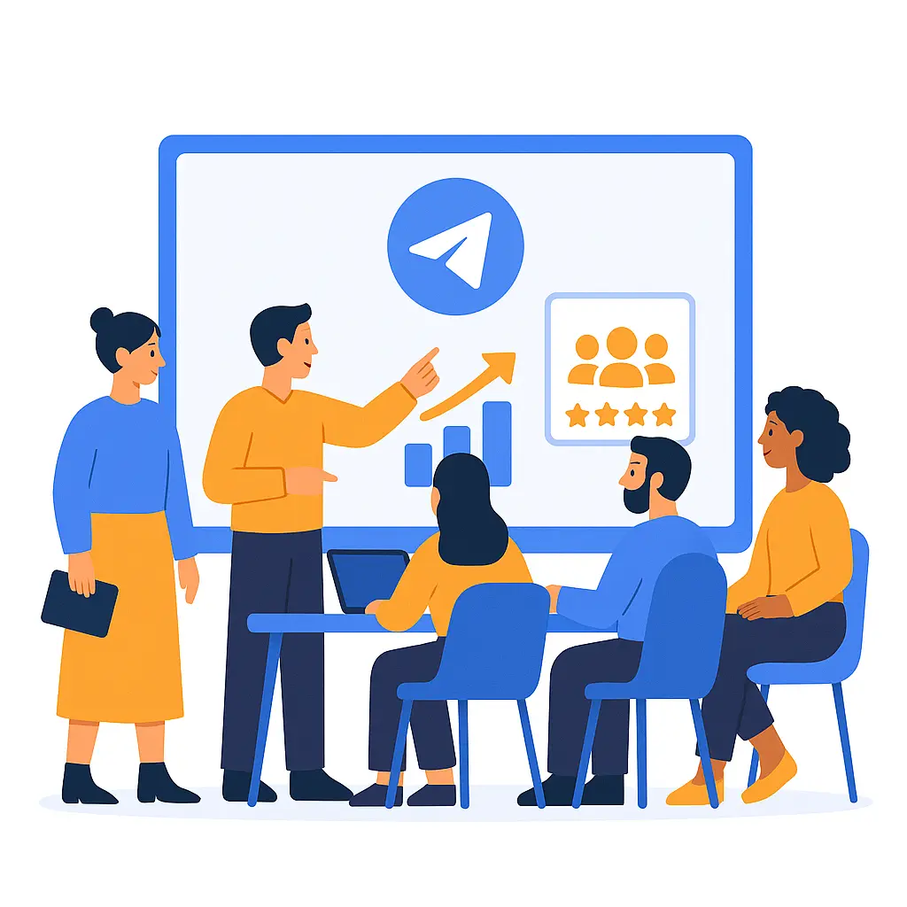 Team presentation on Telegram marketing growth, showing business people analyzing charts, user engagement, and strategies for iGaming brands.