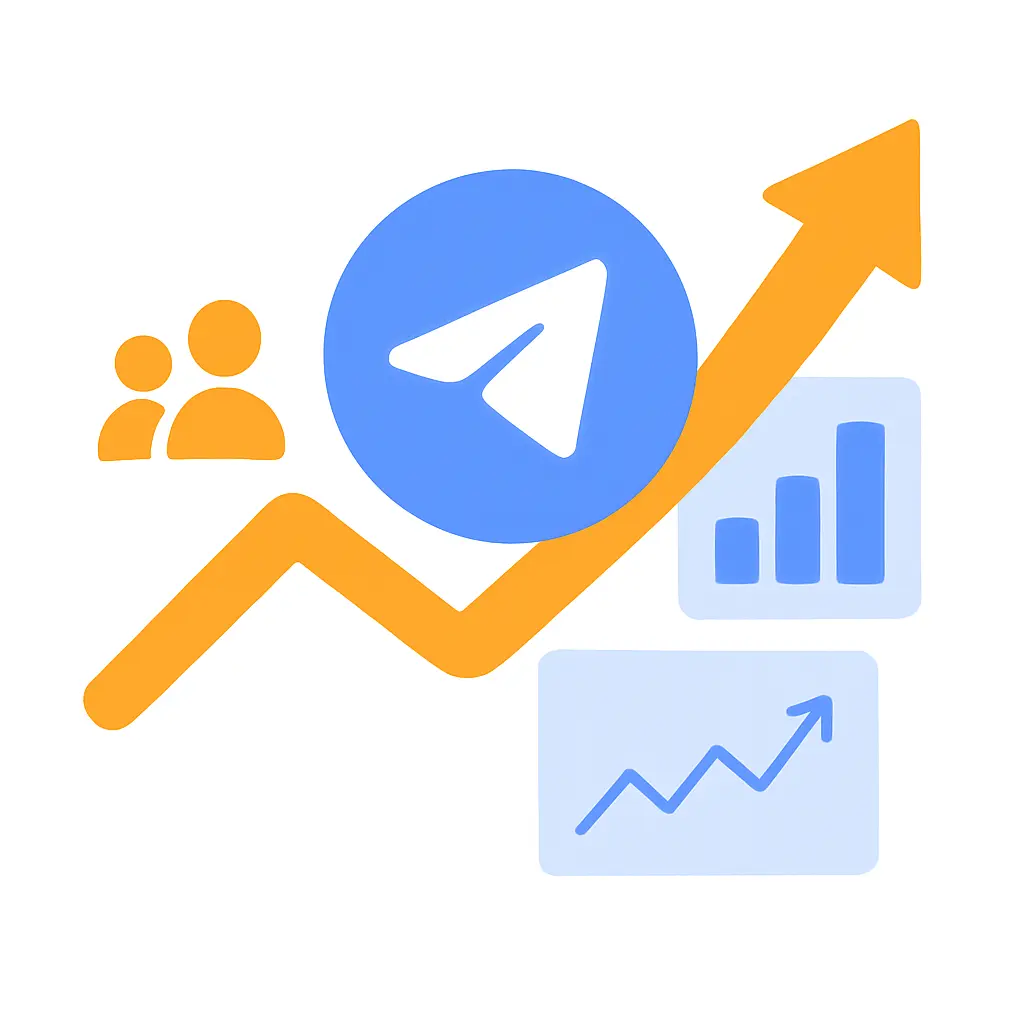 Telegram growth concept with rising arrow, user engagement icons, and analytics charts representing scraping channel members to grow brands.