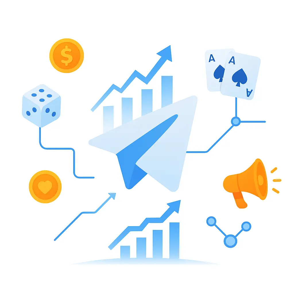 Telegram logo with growth charts, casino icons, and marketing symbols showcasing the future of Telegram growth in iGaming and online gambling marketing.
