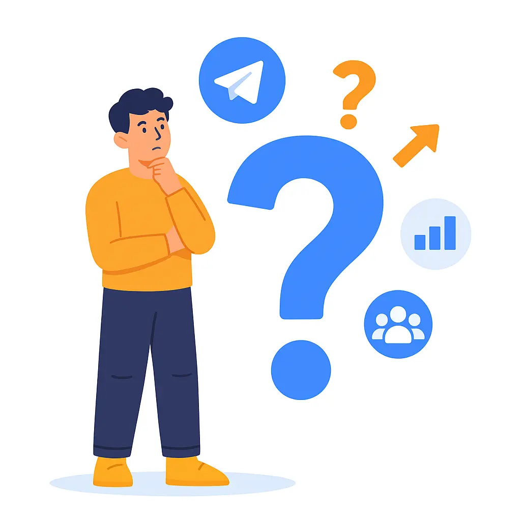 Man thinking with question mark and Telegram icons, representing why work with CD Marketing Agency for Telegram scraping services.