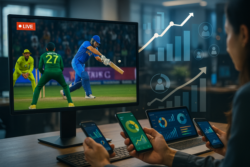 Live cricket streaming feed with growth charts and engagement metrics, showing how online feed sources drive user acquisition, retention, and revenue growth.