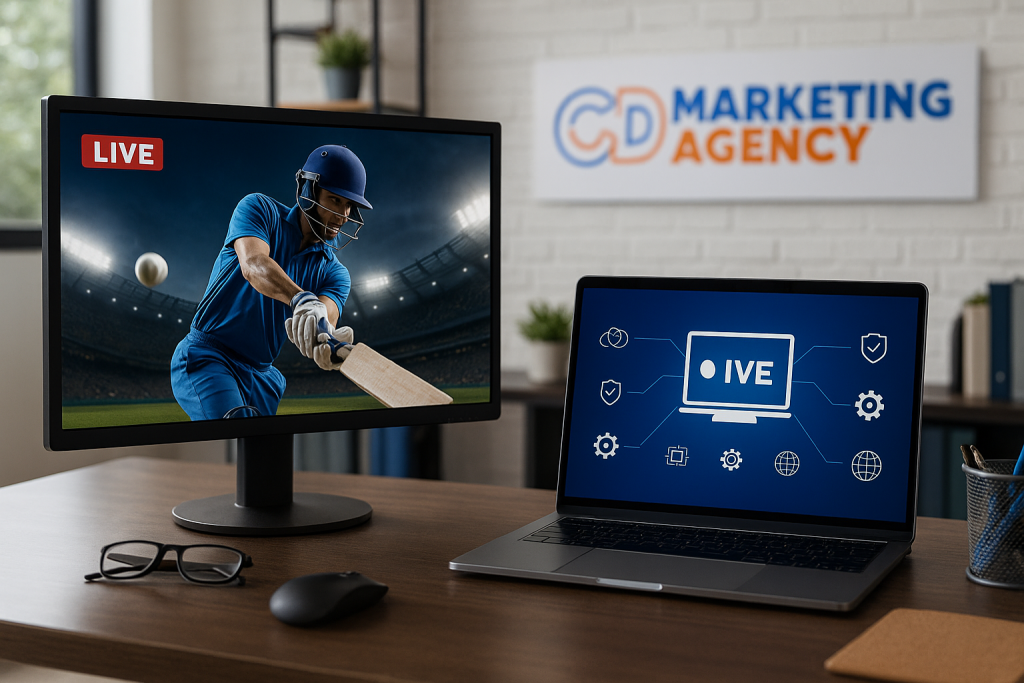 CD Marketing Agency logo integrated into a cricket live streaming workspace scene, symbolizing expertise in providing professional cricket signal sources