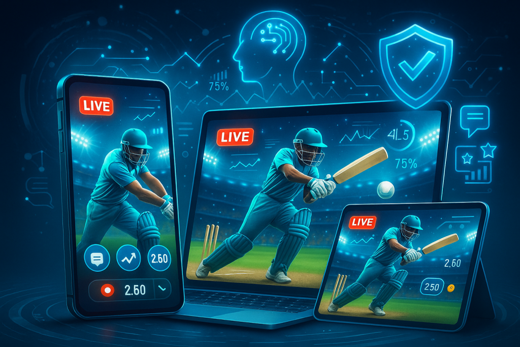 Futuristic digital illustration of cricket streaming across mobile, tablet, and laptop with AI overlays, interactive features, and compliance shield, representing the future of cricket streaming in iGaming and digital platforms.