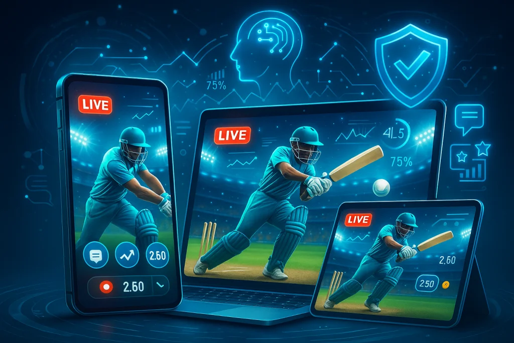 Futuristic digital illustration of cricket streaming across mobile, tablet, and laptop with AI overlays, interactive features, and compliance shield, representing the future of cricket streaming in iGaming and digital platforms.