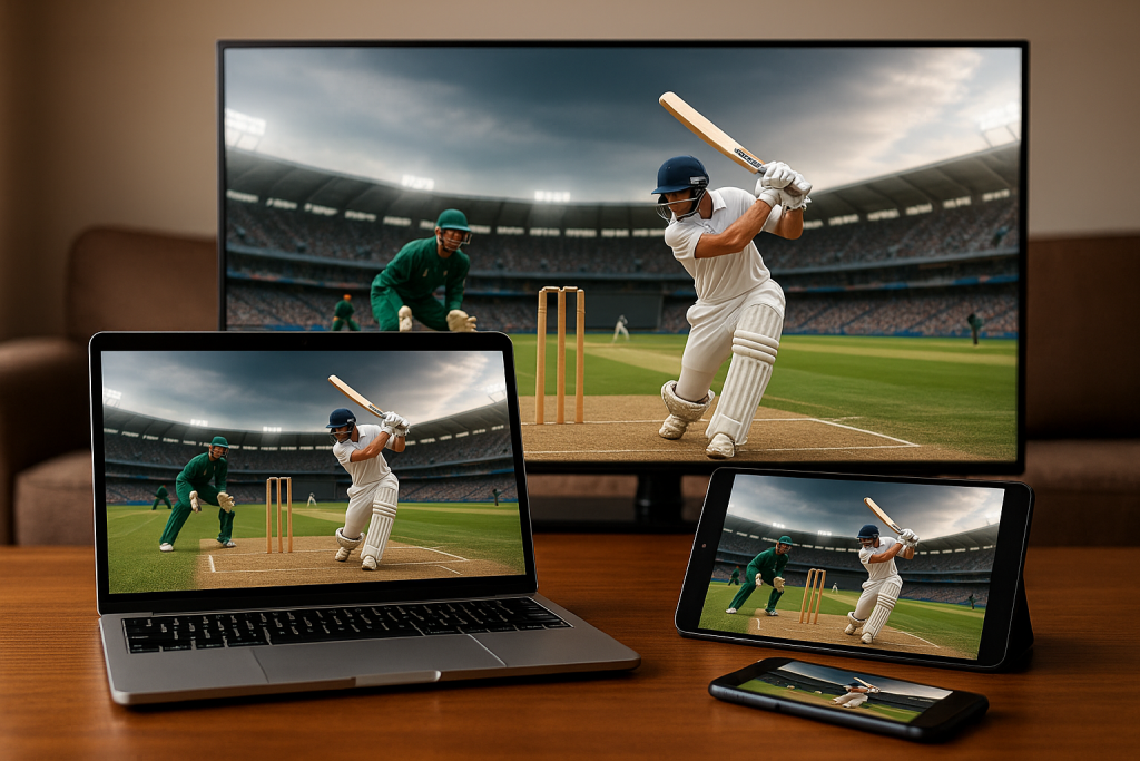 Multiple devices showing the same live cricket match, including a TV, laptop, tablet, and smartphone, highlighting an HD cricket live streaming signal source.