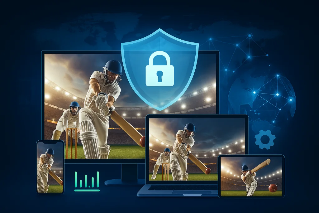 Digital illustration of professional HD cricket streaming source features, showing consistent uptime, secure signal delivery, cross-platform compatibility, custom integrations, and multi-region optimization with live streaming elements.