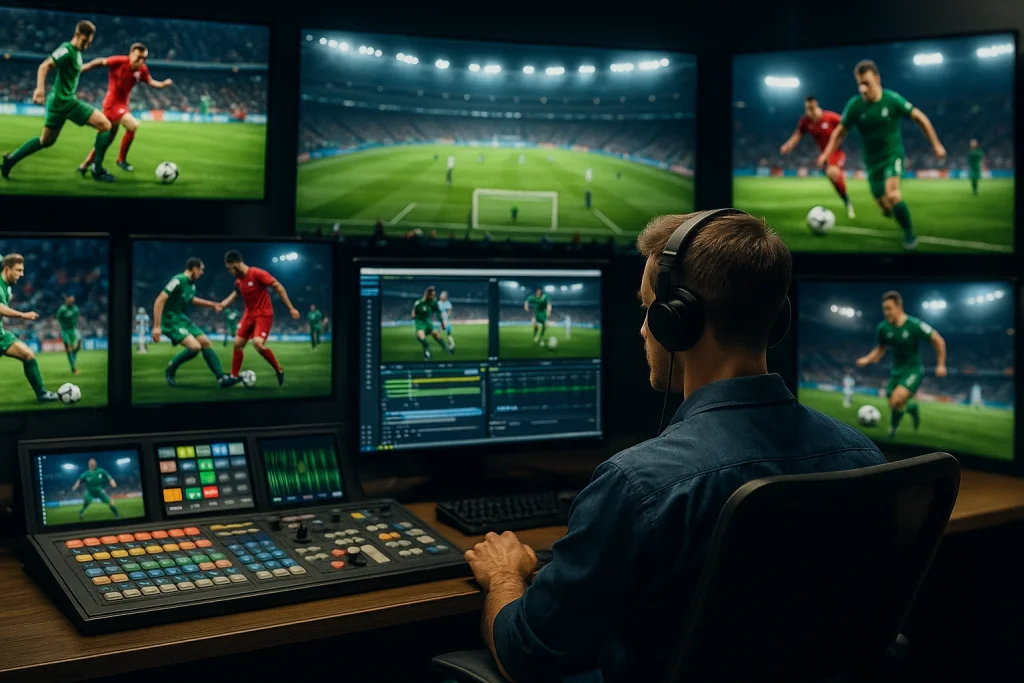 Professional live streaming setup with multiple HD monitors showing a football match broadcast in high definition.