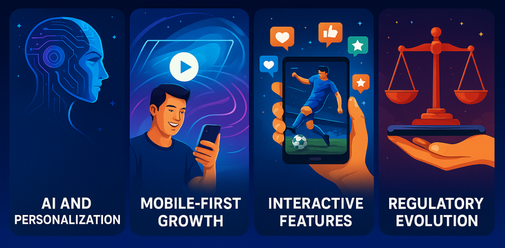 Digital illustration of the future of football streaming in iGaming, highlighting AI-driven personalization, mobile-first platforms, interactive features, and evolving regulations.