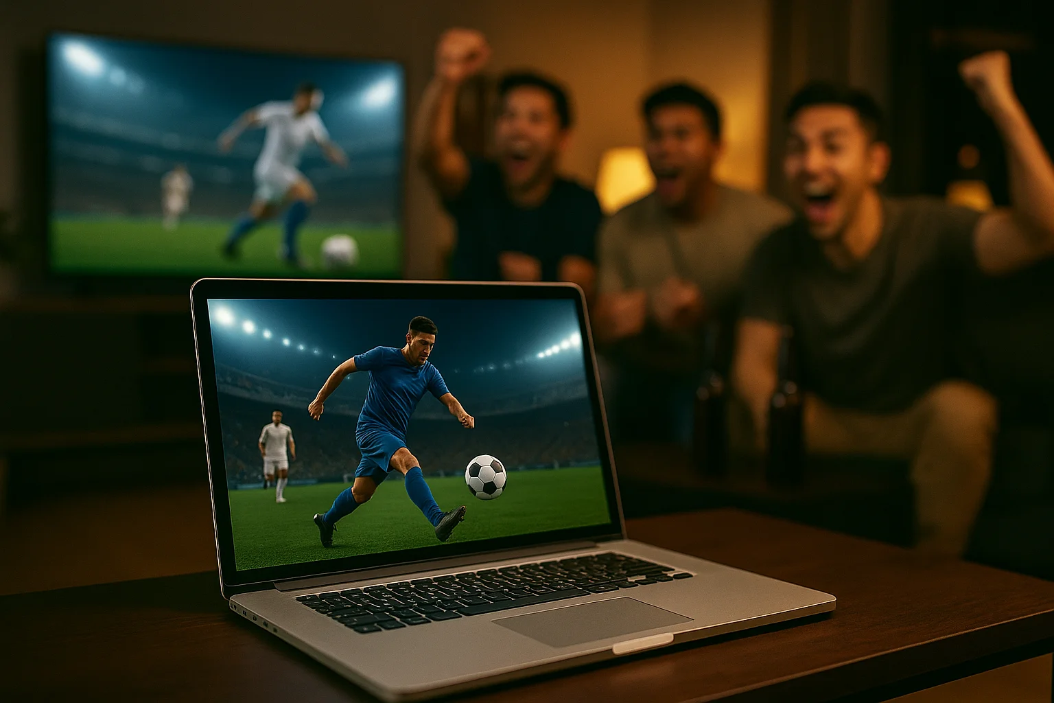 Football fans in Southeast Asia watching live football match on mobile devices and TV, showing the rising demand for live streaming.