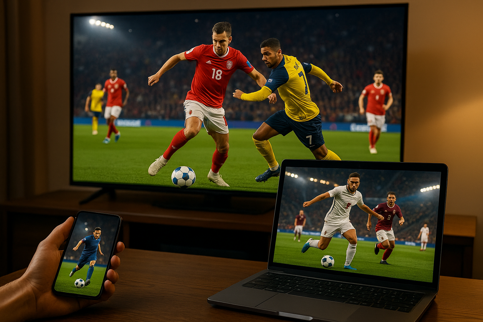 A realistic photo showing live football streaming across TV, laptop, and smartphone in a living room, representing multiple streaming sources.