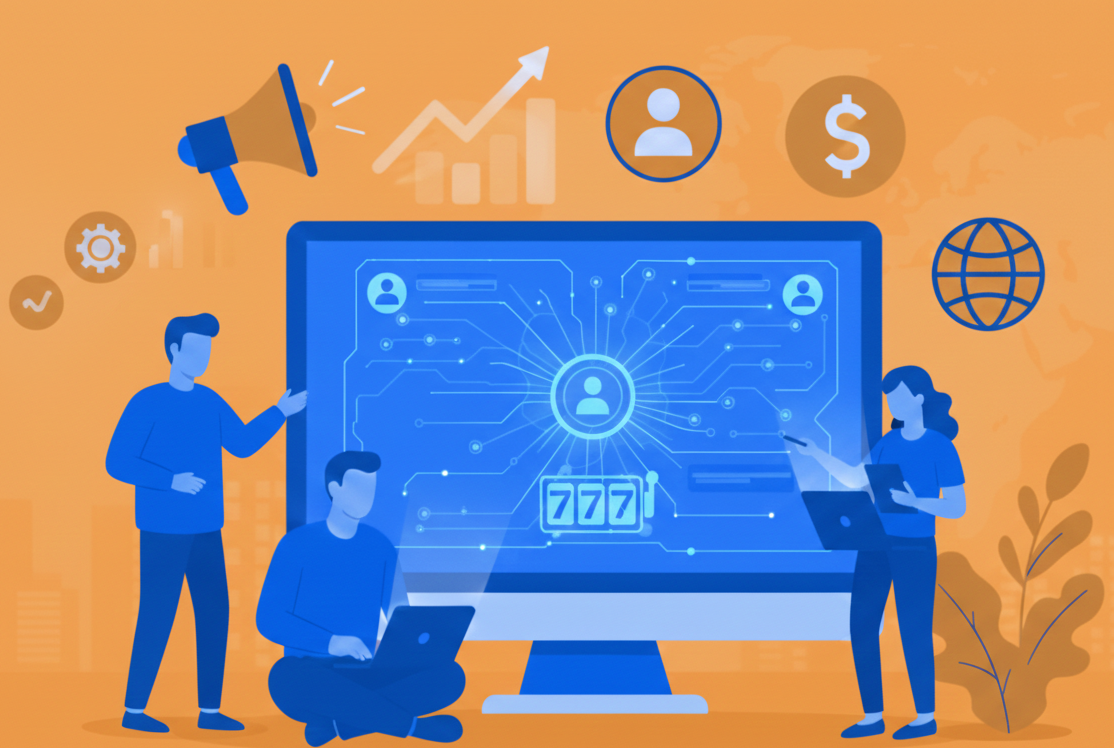 A professional team collaborating around a large digital monitor displaying a slot machine 777 icon, network nodes for player acquisition, and marketing icons like a megaphone and currency symbols on an orange background.