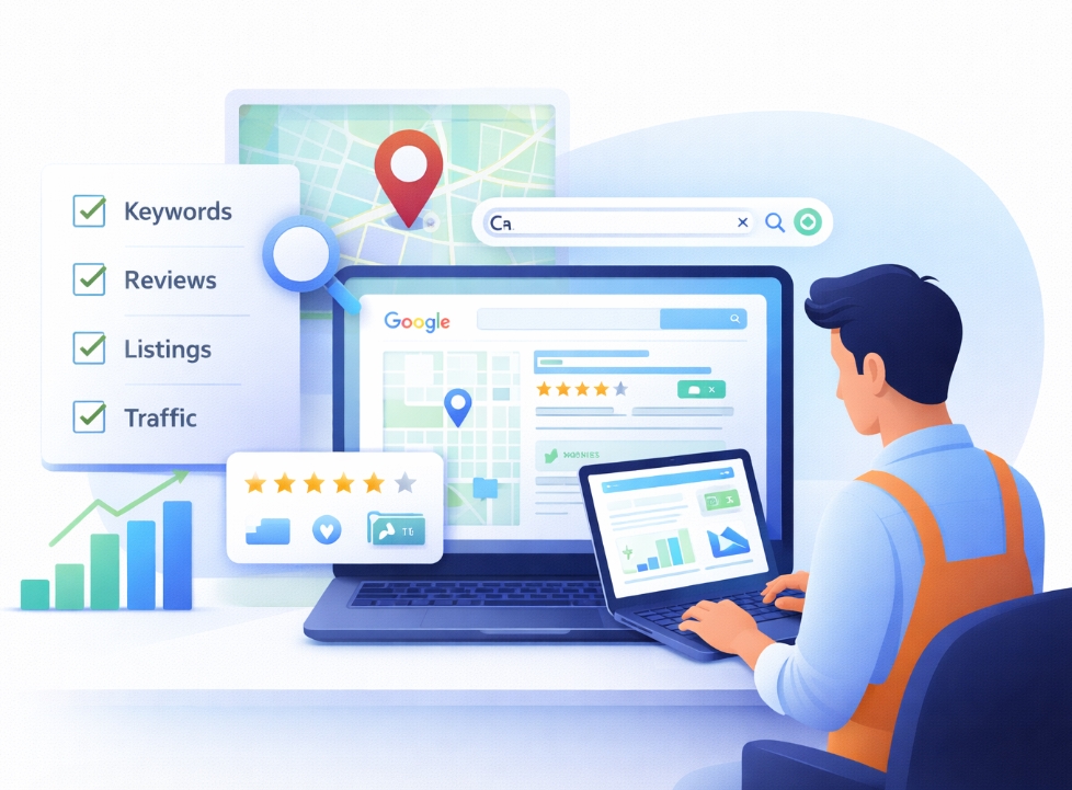 A local business owner improving search rankings using SEO checklist, Google listings, and analytics insights