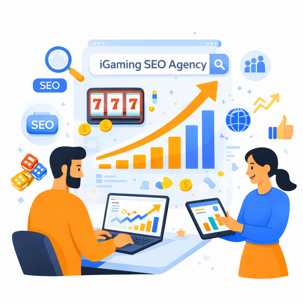 Illustration of marketing specialists analyzing iGaming SEO strategy with growth charts, slot icons, and digital marketing analytics on laptop and tablet