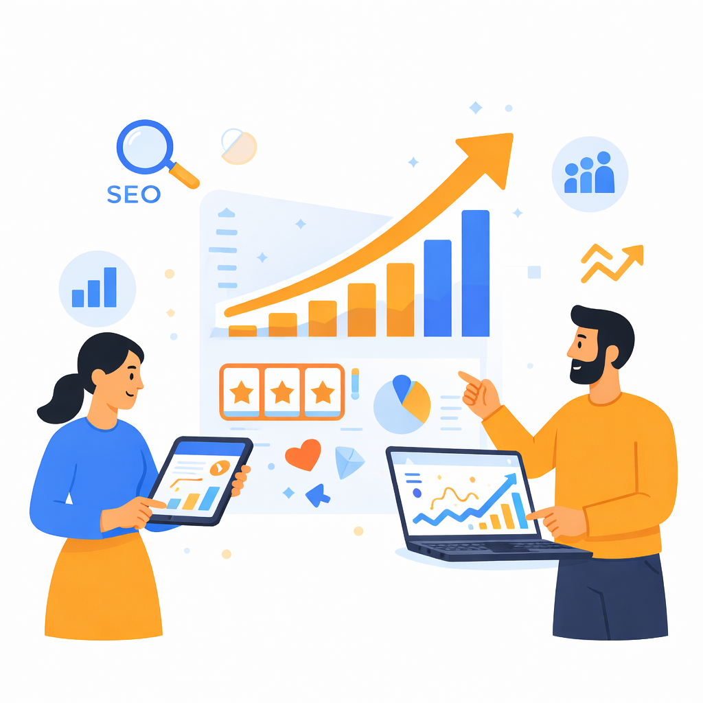 Digital marketing specialists analyzing SEO performance charts and organic traffic growth for iGaming websites