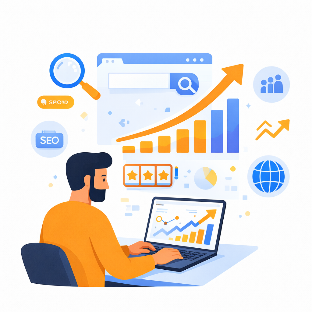 Digital marketing specialist analyzing SEO, traffic analytics and growth charts for an iGaming platform