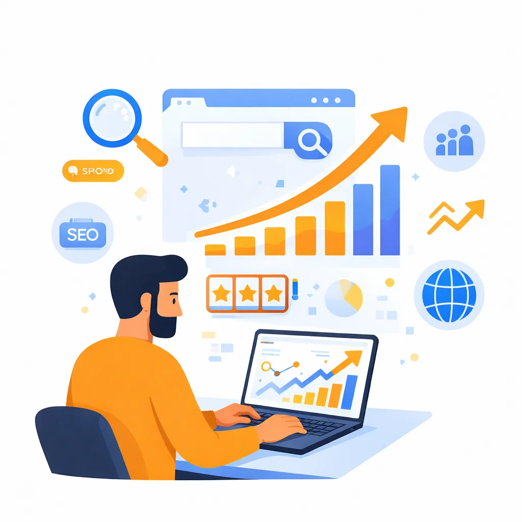 Digital marketing specialist analyzing SEO, traffic analytics and growth charts for an iGaming platform