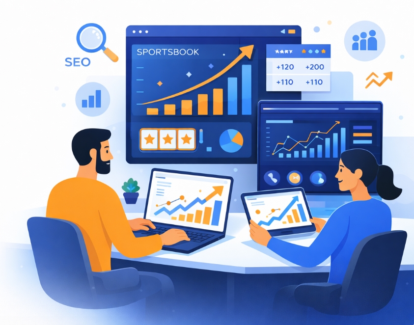 Flat vector illustration of a sports betting marketing agency team analyzing SEO dashboards, sportsbook data, and traffic growth charts on multiple screens