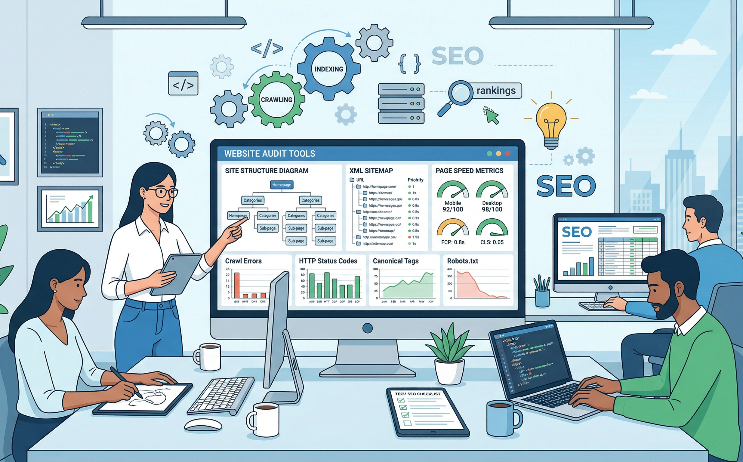 A team analyzes website data on a large monitor displaying audit tools and SEO metrics in a technical illustration.