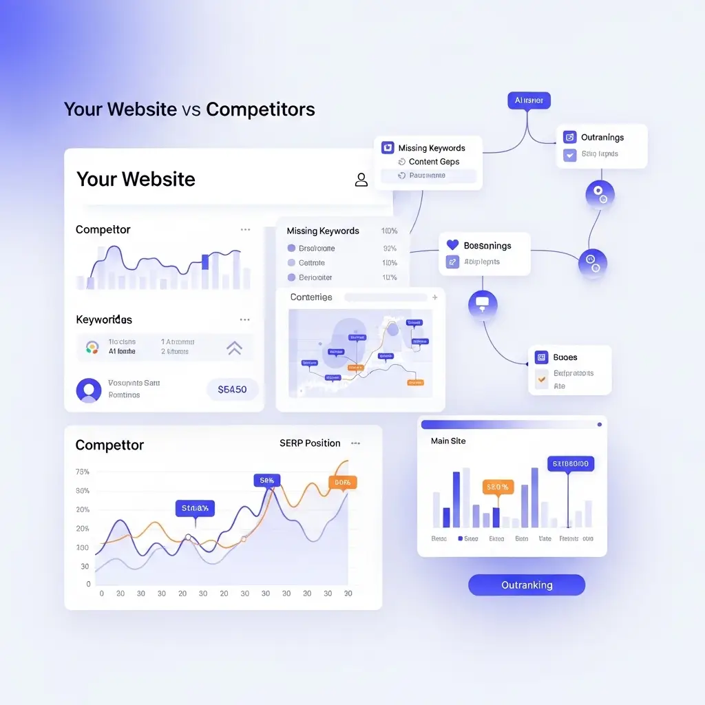 A 3D digital dashboard titled "Your Website vs Competitors" showing data visualizations for missing keywords, SERP positions, and outranking metrics.