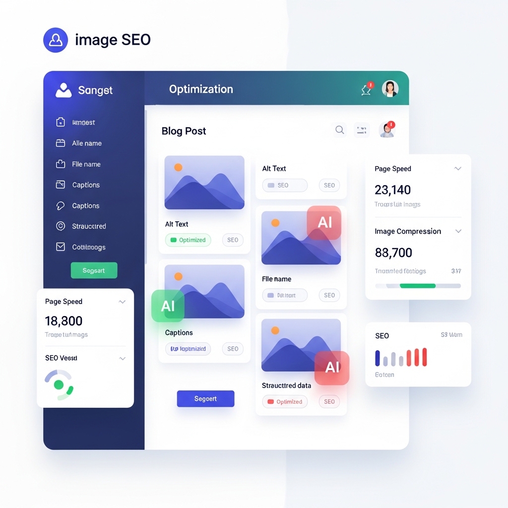 A clean, modern UI/UX design of an image SEO optimization dashboard showing features for Alt Text, file names, captions, and structured data, alongside page speed and compression metrics.