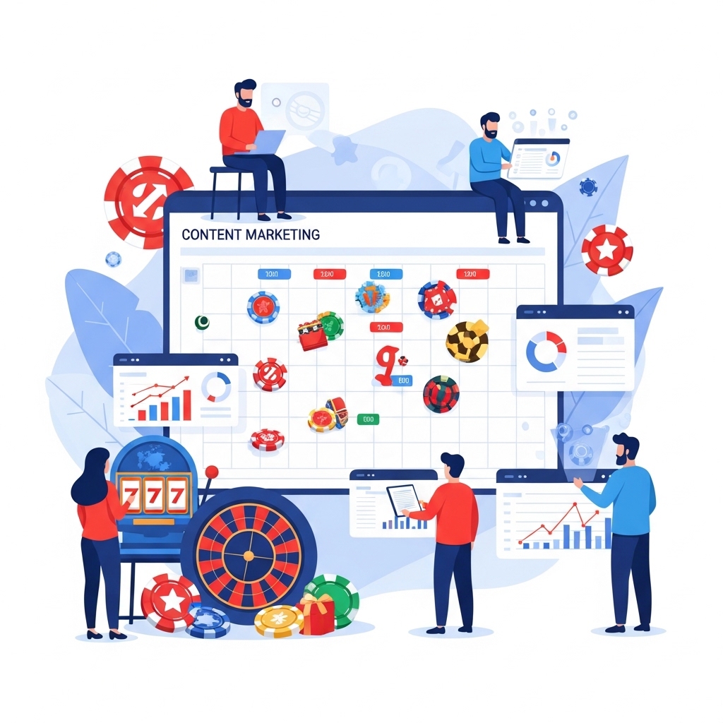 A marketing team managing a digital "Content Marketing" calendar for an online casino, featuring floating poker chips, a roulette wheel, and data analytics charts.