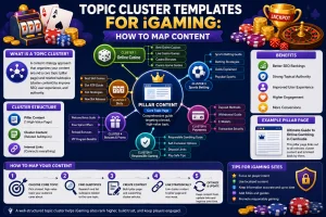iGaming content strategy illustration showing a central pillar content page connected to topic clusters for online casino, slots, sports betting, bonuses and promotions, responsible gaming, and payments, with content mapping steps, internal linking, SEO benefits, and casino-themed illustrations.