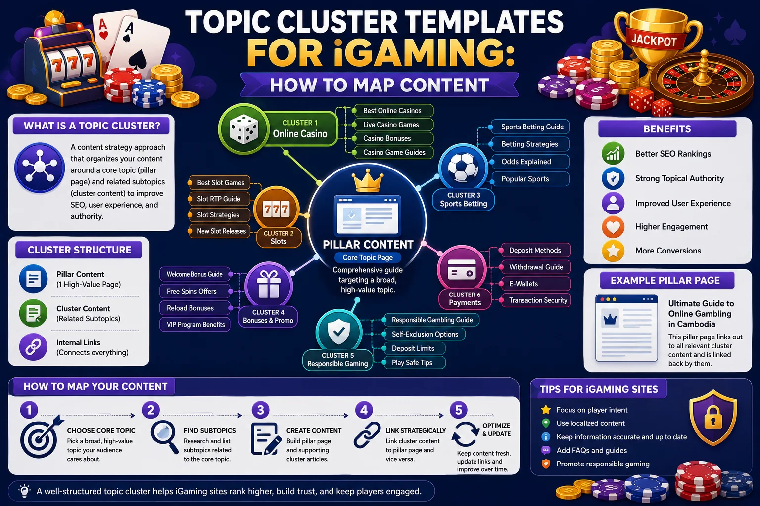 iGaming content strategy illustration showing a central pillar content page connected to topic clusters for online casino, slots, sports betting, bonuses and promotions, responsible gaming, and payments, with content mapping steps, internal linking, SEO benefits, and casino-themed illustrations.