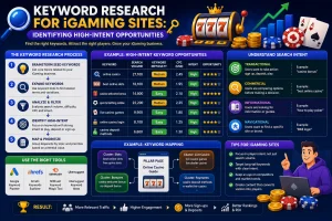 iGaming SEO illustration showing the keyword research process, high-intent keyword opportunities, search intent categories, keyword mapping, SEO research tools, and strategies for finding keywords that can attract relevant traffic, sign-ups, and deposits.